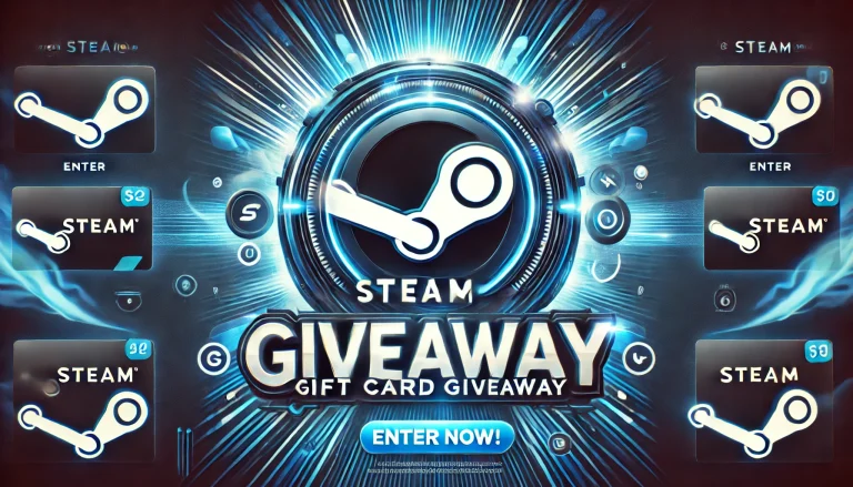 DALL·E 2025-01-26 09.05.02 - A visually engaging banner promoting a Steam Gift Card giveaway. The design features a clean and modern layout with a blue and black color theme. The