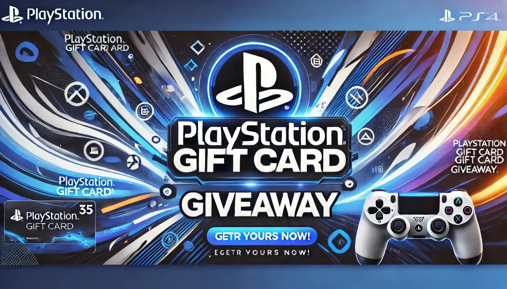 DALL·E 2025-01-26 09.22.05 - A professional and engaging banner for a PlayStation Gift Card giveaway. The design features a bold blue and white theme with the PlayStation logo at