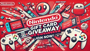 DALL·E 2025-01-26 09.37.18 - An eye-catching banner for a Nintendo Gift Card giveaway. The design features a bright red and white color scheme, with the Nintendo logo at the cente