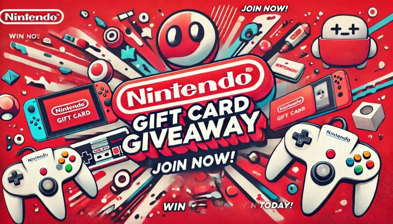 DALL·E 2025-01-26 09.37.18 - An eye-catching banner for a Nintendo Gift Card giveaway. The design features a bright red and white color scheme, with the Nintendo logo at the cente